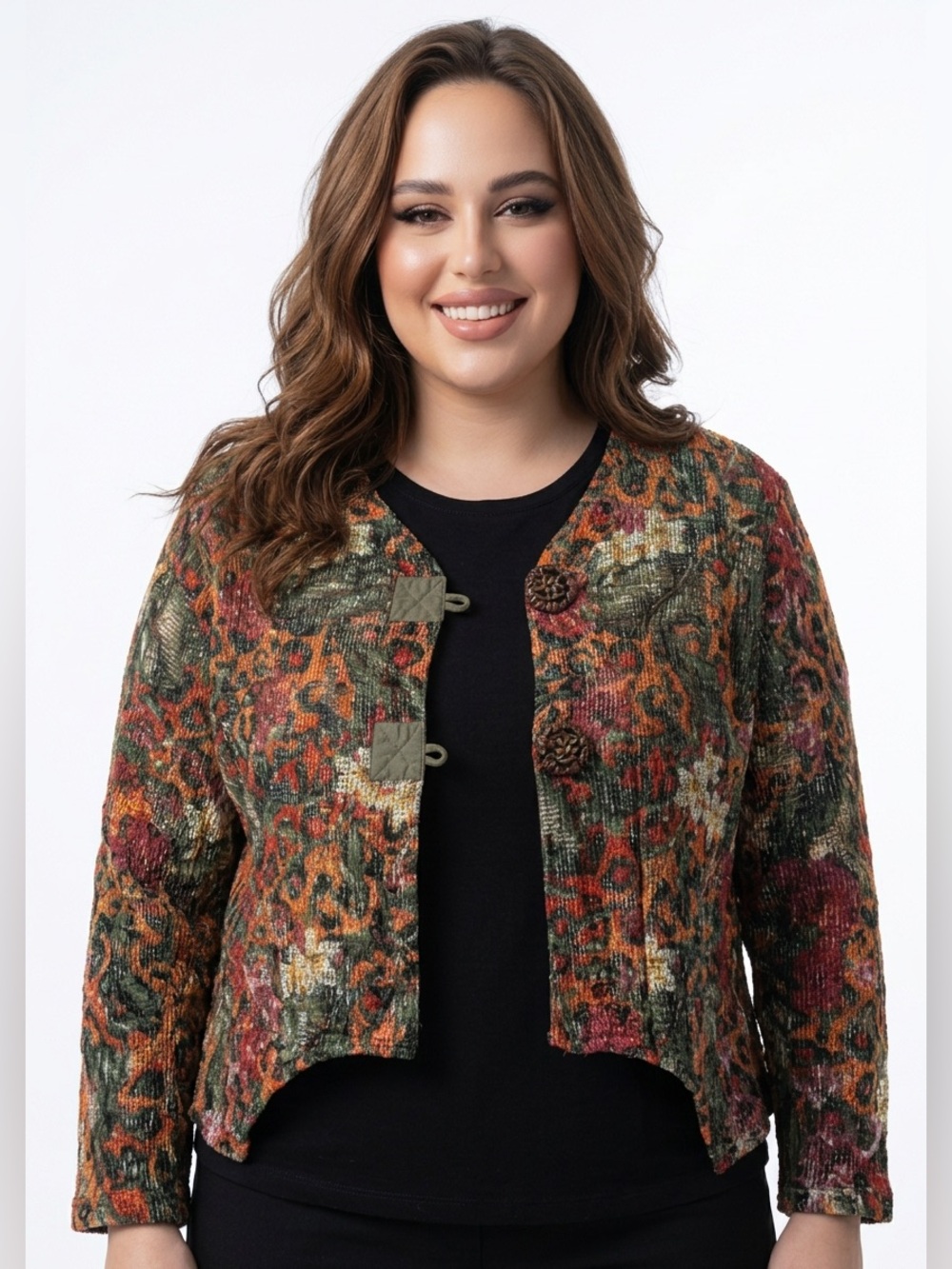 Mirror Image BoHo Multicolor Open Weave Wooden Buttons Cardigan - 2XL